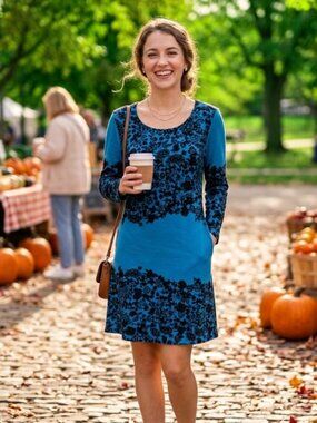 Papillon Blue and Black Long Sleeve Floral Dress